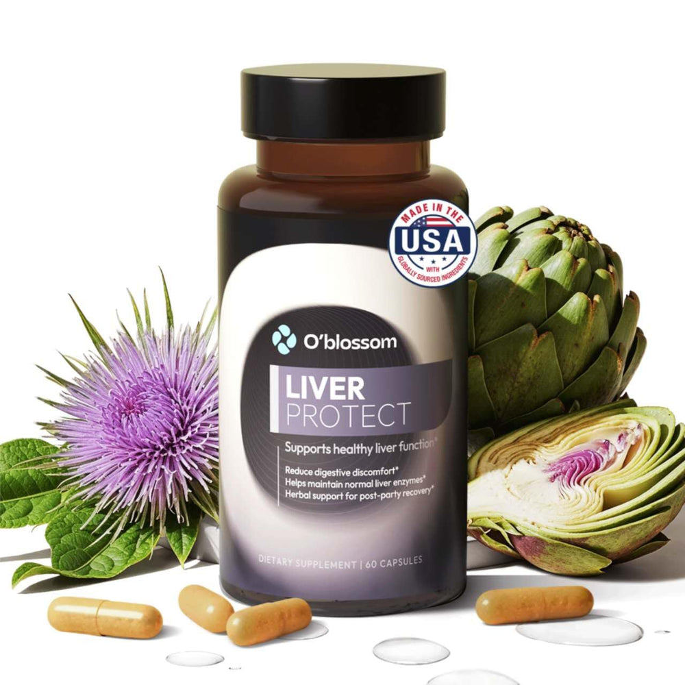 O'blossom Liver Protect bottle with drops for on-the-go digestive comfort.