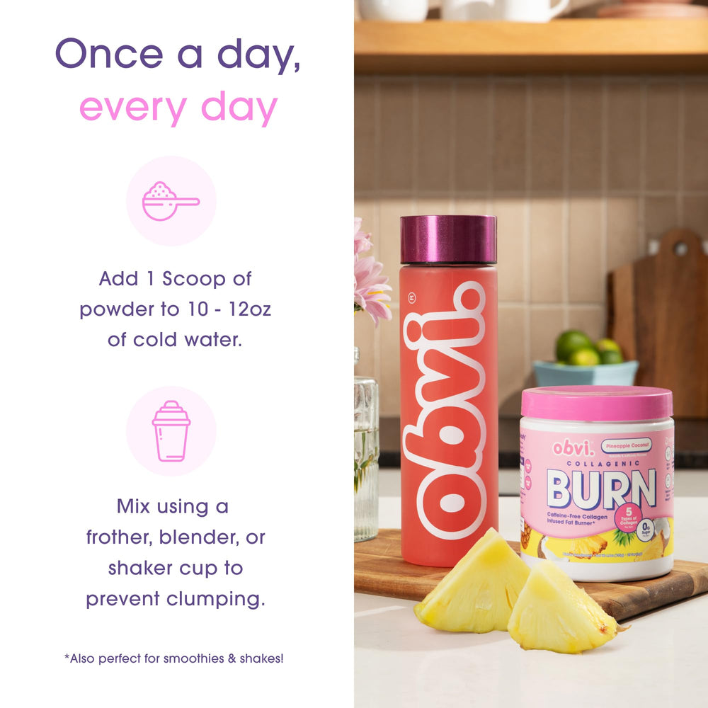 Obvi Collagenic Burn powder pineapple coconut in smoothie