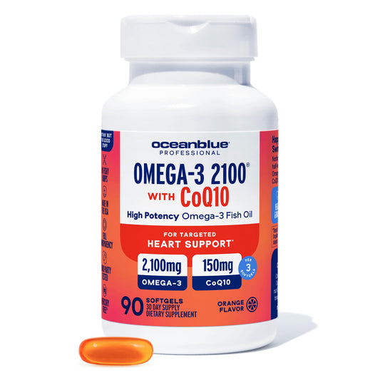 Oceanblue Omega-3 2100 with CoQ10 bottle on shelf, highlighting triple-strength formula for daily heart support.
