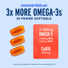 Close-up of orange softgels from Oceanblue Omega-3 2100 for smooth taste