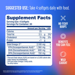 Oceanblue Omega-3 bottle label shows triple-strength and sustainable sourcing.