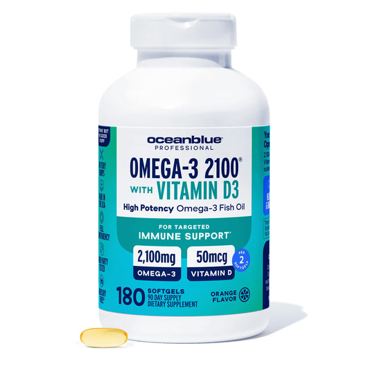 Oceanblue Professional Fish Oil bottle front showing orange burpless softgels for daily omega-3.