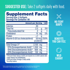 Close-up of Oceanblue omega-3 capsules highlighting triple-strength 2100mg formula.