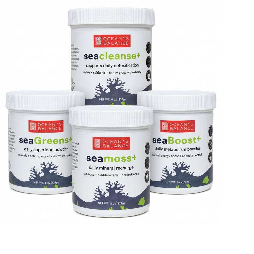 Ocean's Balance Seagreens+ bottle pour for daily greens energy.