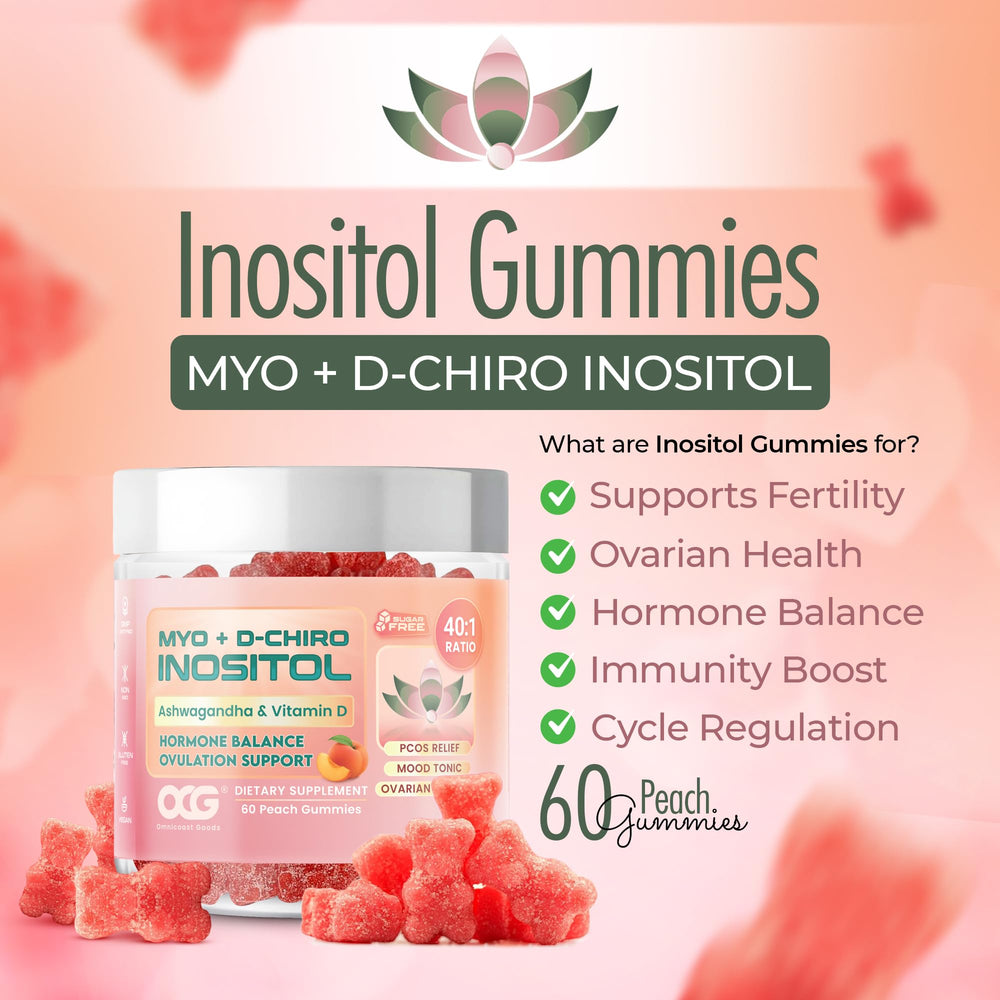 OCG Myo-D-Chiro Inositol Gummies bottle closeup highlighting daily support for balance.