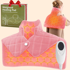 OCTROT pink weighted heating pad focused on shoulders for even warmth.