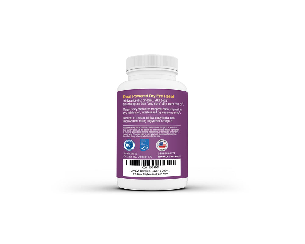 OcuSci Dry Eye Complete capsules closeup, highlighting nutrient rich formula for eye surface support.