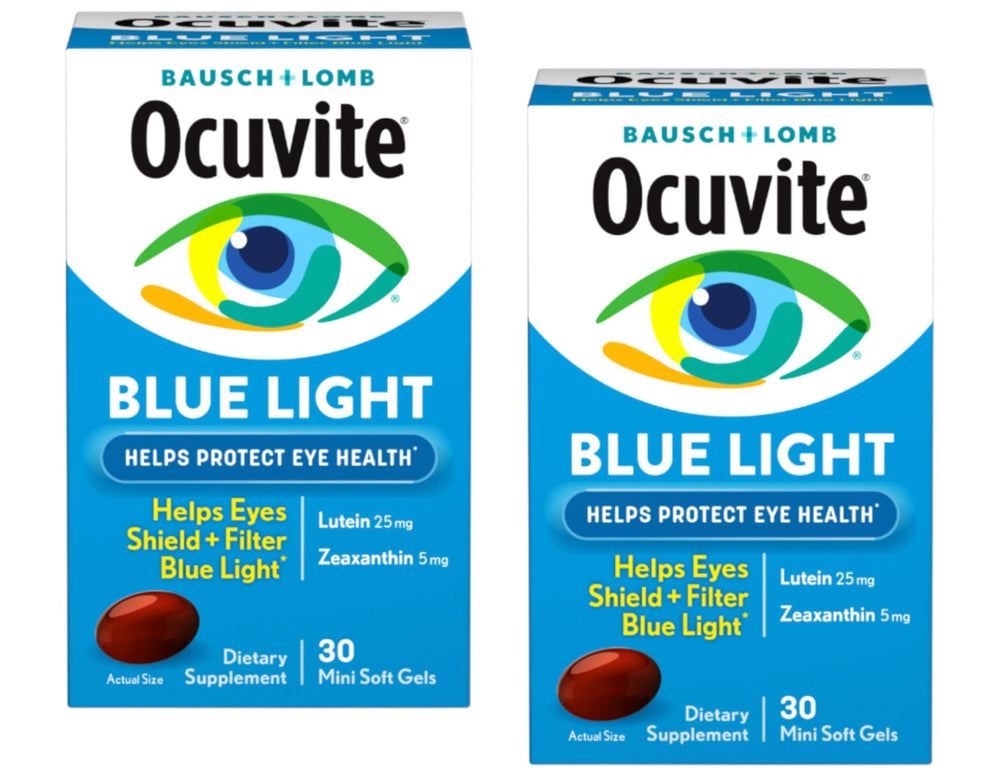 Ocuvite Blue Light bottle side view, two-pack packaging for convenient daily use.