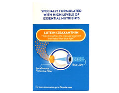 Ocuvite Blue Light label close-up showing 25 mg lutein and 5 mg zeaxanthin.