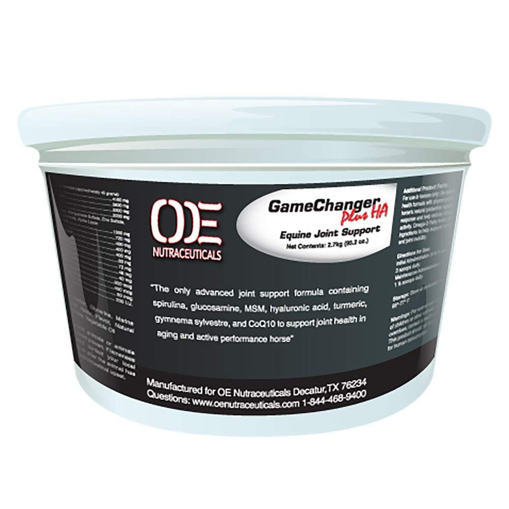 Oe Nutraceuticals Game Changer Plus HA equine joint support bottle enhances joint lubrication and comfort.