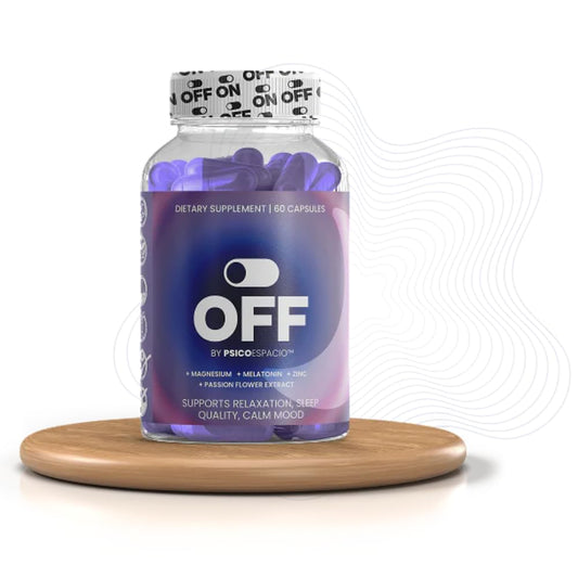 OFF BY PSICOESPACIO Night Time L Theanine pills bottle promotes relaxation and restful sleep.