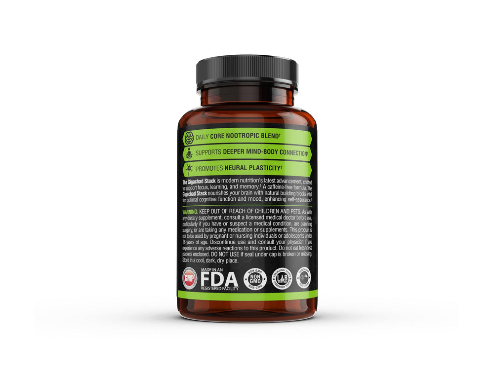 Open bottle of Gigachad Stack capsules ready for daily cognitive support