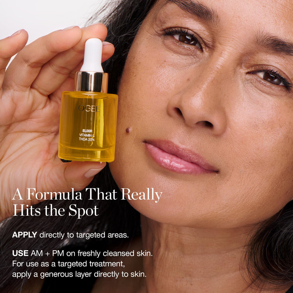 Ogee amber glass bottle signals premium organic skincare and safety.