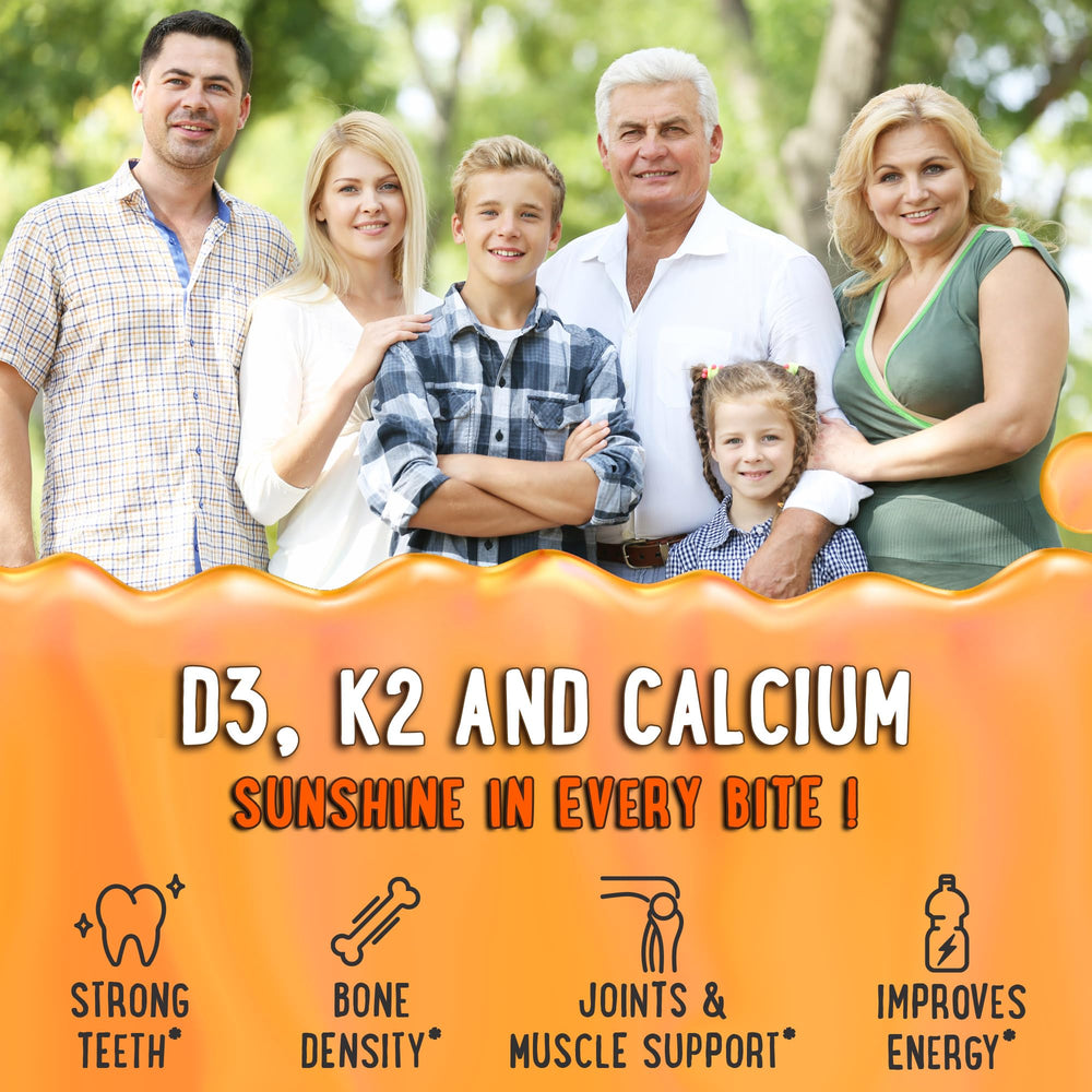 OH MY CHEWY D3 K2 calcium gummies bottle label, vegan and non-GMO formula.