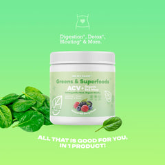 Oh My Glow! Super Greens scoop and powder ready to mix for digestion-friendly drinks.