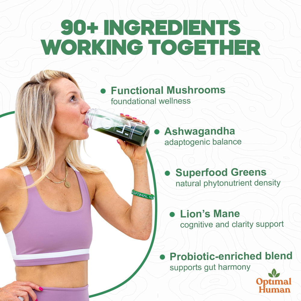O H Optimal Human ashwagandha-turmeric-blend evokes natural adaptogen benefits for calmer days.