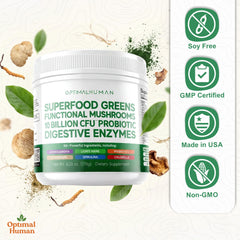 O H Optimal Human ingredients-closeup emphasizes organic, nutrient-rich superfoods.