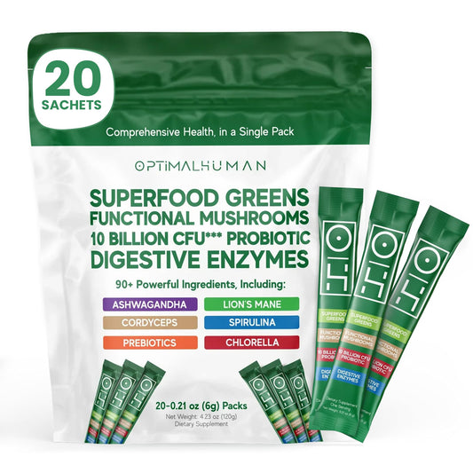 OH Optimal Human greens powder tub front highlights a premium blend for daily wellness.
