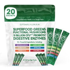 OH Optimal Human greens powder tub front highlights a premium blend for daily wellness.