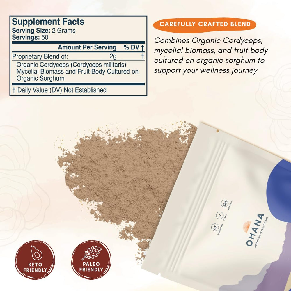 Ohana Cordyceps Extract gluten-free label emphasizes allergen-friendly supplement option