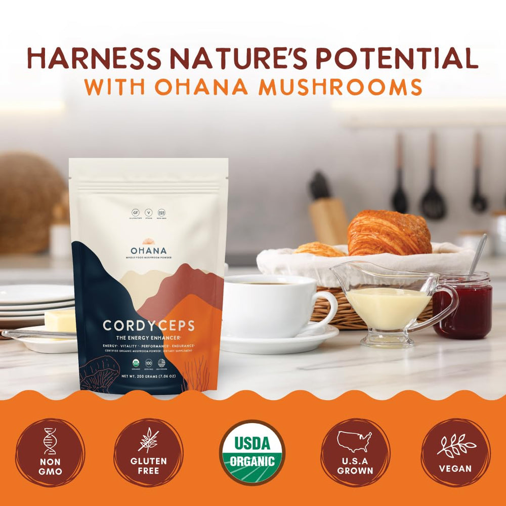 Ohana Cordyceps ingredient label highlights pure, non-GMO formula.