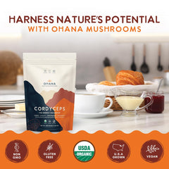 Ohana Cordyceps ingredient label highlights pure, non-GMO formula.