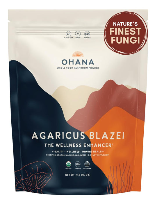 Ohana Mushrooms Agaricus Blazei powder bottle front for organic daily wellness