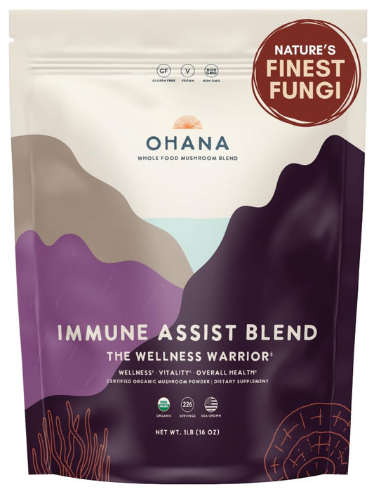 Ohana Immune Assist Blend front label showing USDA Organic status and eight mushrooms for daily wellness.