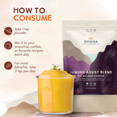 Ohana Immune Assist Blend scoop in container highlights easy daily dosing.