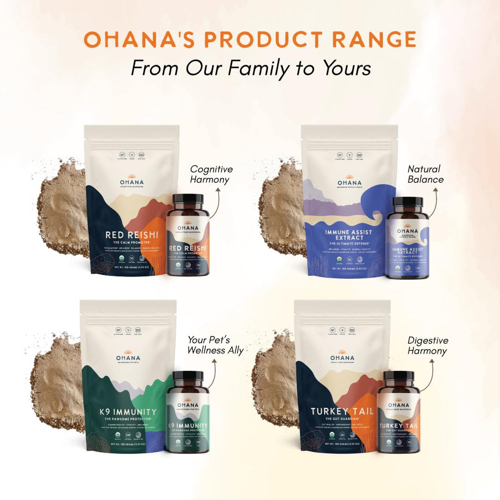 Ohana Red Reishi ingredient closeup showcases pure mushroom blend.