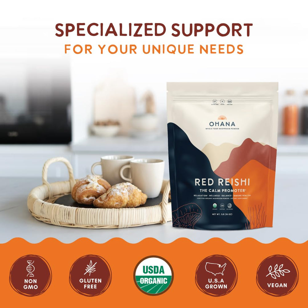 Ohana Red Reishi package closeup highlighting USDA Organic and gluten-free credentials.