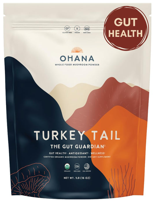 Ohana Turkey Tail bottle shows USDA Organic powder for daily wellness.