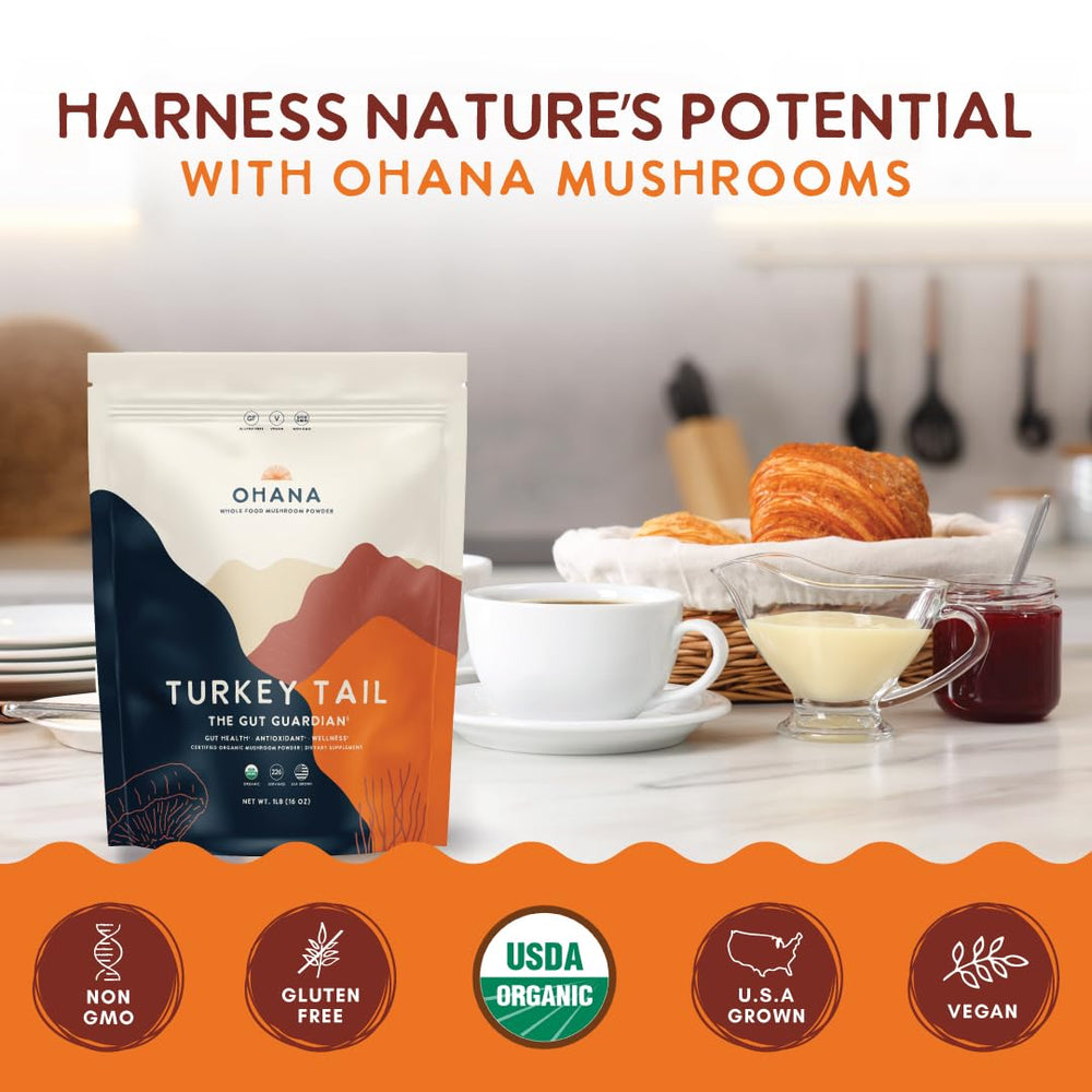 Ohana Turkey Tail powder in a shaker for quick nutrition.