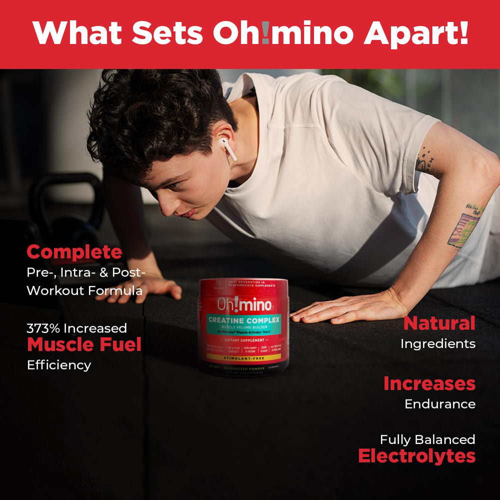 Oh!mino Creatine Complex adaptogens infographic explains absorption and recovery potential.