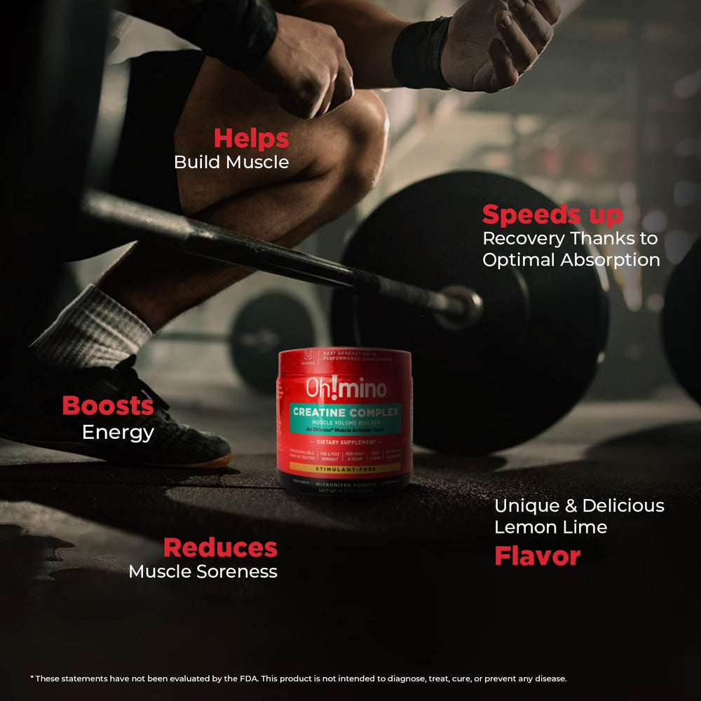 Oh!mino Creatine Complex label front highlights the creatine blend and adaptogens.