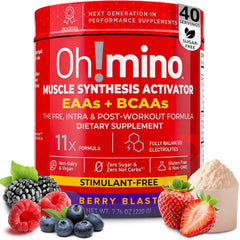 Oh!mino Essential Amino Acids Berry Blast bottle for post-workout recovery.