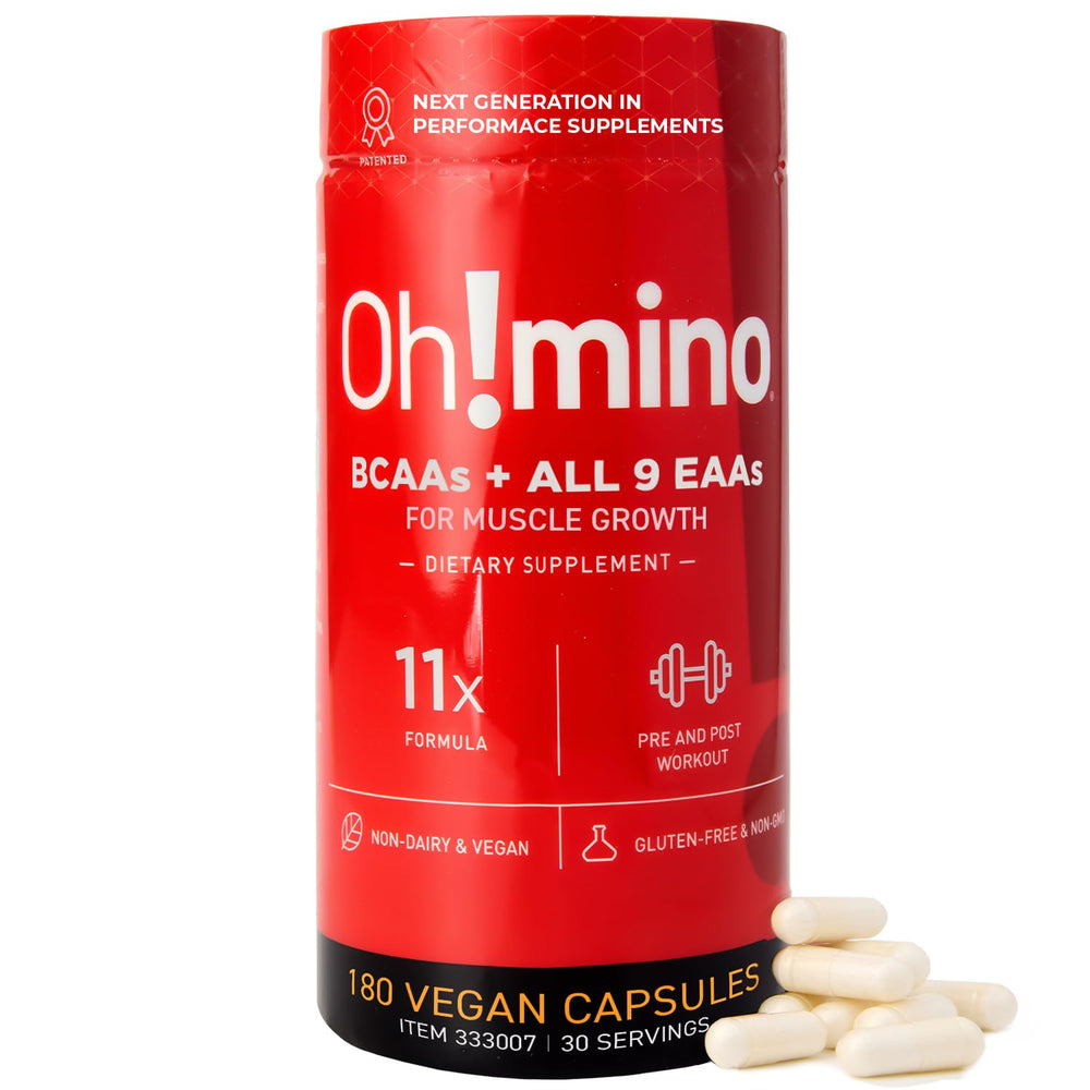 Oh!mino essential amino capsules packaging shown, highlighting convenient on-the-go nutrition.
