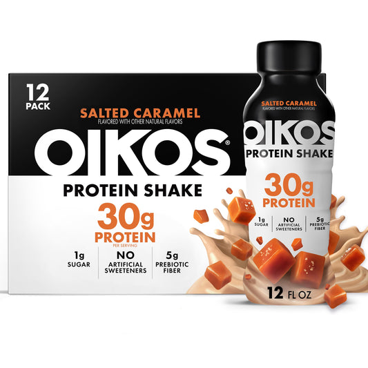 Oikos Salted Caramel Protein Shake bottle highlights 30g protein per serving for muscle support.
