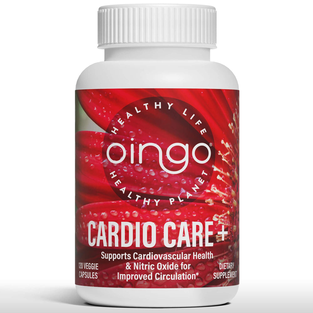 Oingo Cardio Care+ beetroot powder bottle highlighting circulation support.