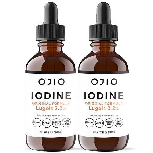 Ojio Lugols Iodine Solution bottle shows high potency liquid for easy dosing and absorption