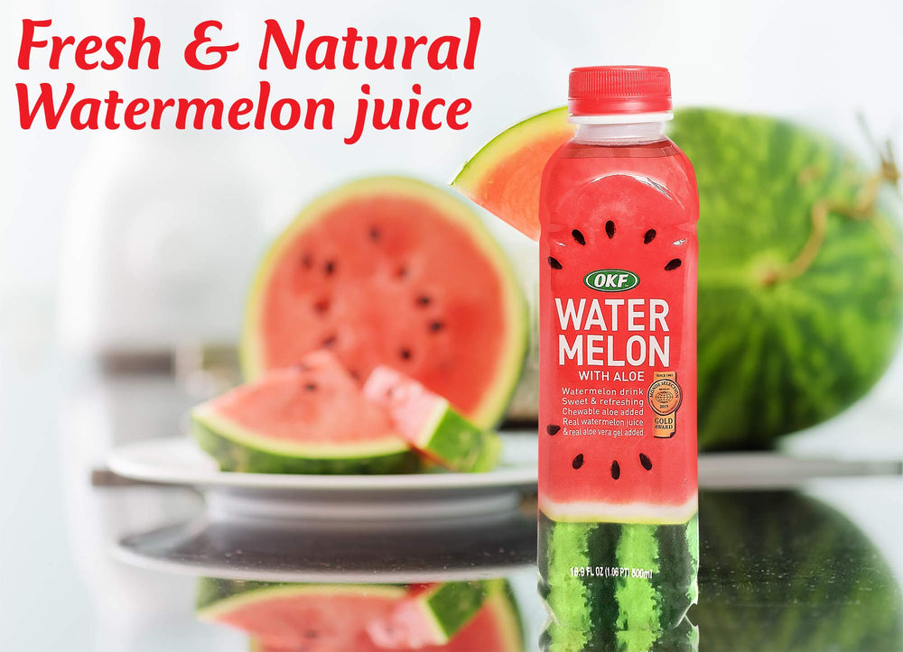 OKF Watermelon Aloe Vera Drink label closeup showing natural ingredients.