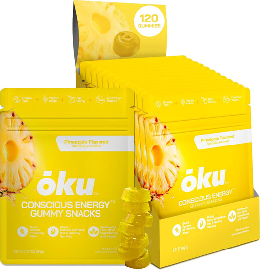 ōku Energy Chews pineapple pack for on-the-go energy and flavor.
