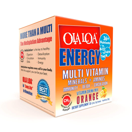 Ola Loa Energy Orange packets on a bright surface, convenient daily vitamins for busy days.