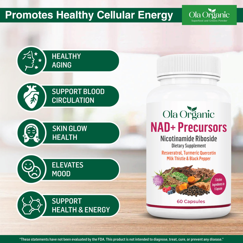 Ola Organic NAD+ Plus ingredients scene features Quercetin and Rhodiola