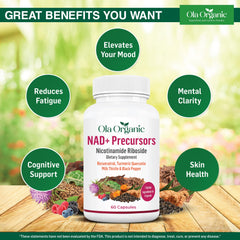 Ola Organic NAD+ Plus label close-up emphasizes Resveratrol and Turmeric