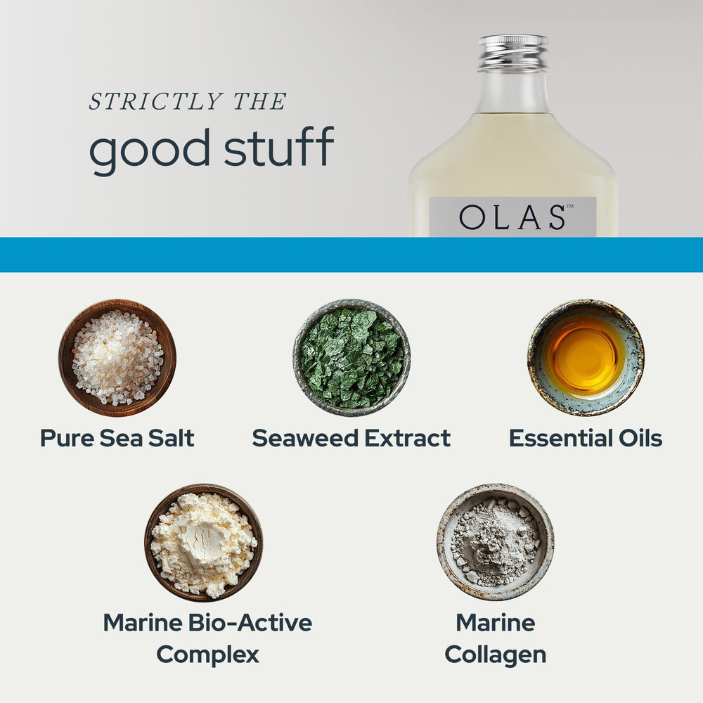 Olas essential oils and sea salt scene delivering minty freshness and natural cleansing.