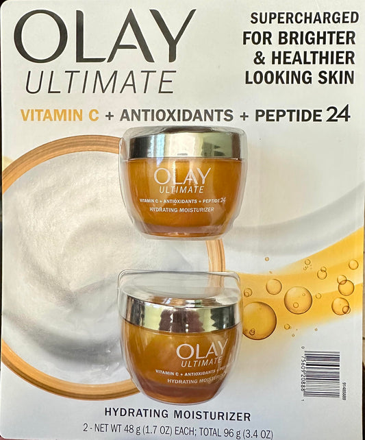 Two-pack Olay Ultimate Vitamin C bottle front with brightening potential.