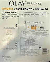 Olay Ultimate Vitamin C serum pump in use, brightening potential.
