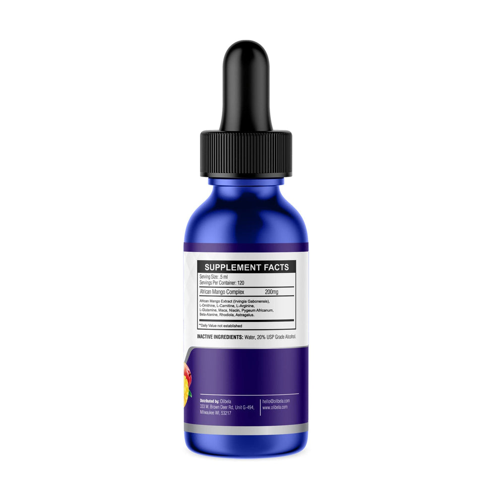 OLIBELA liquid drops beside a glass of water illustrating convenient dosage.