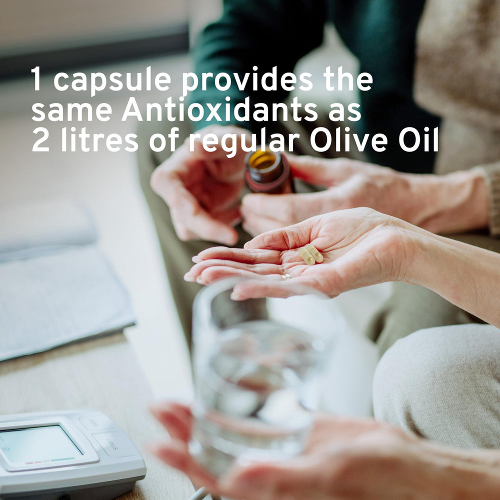 Morning routine with OLIVIE supplement for daily wellbeing.